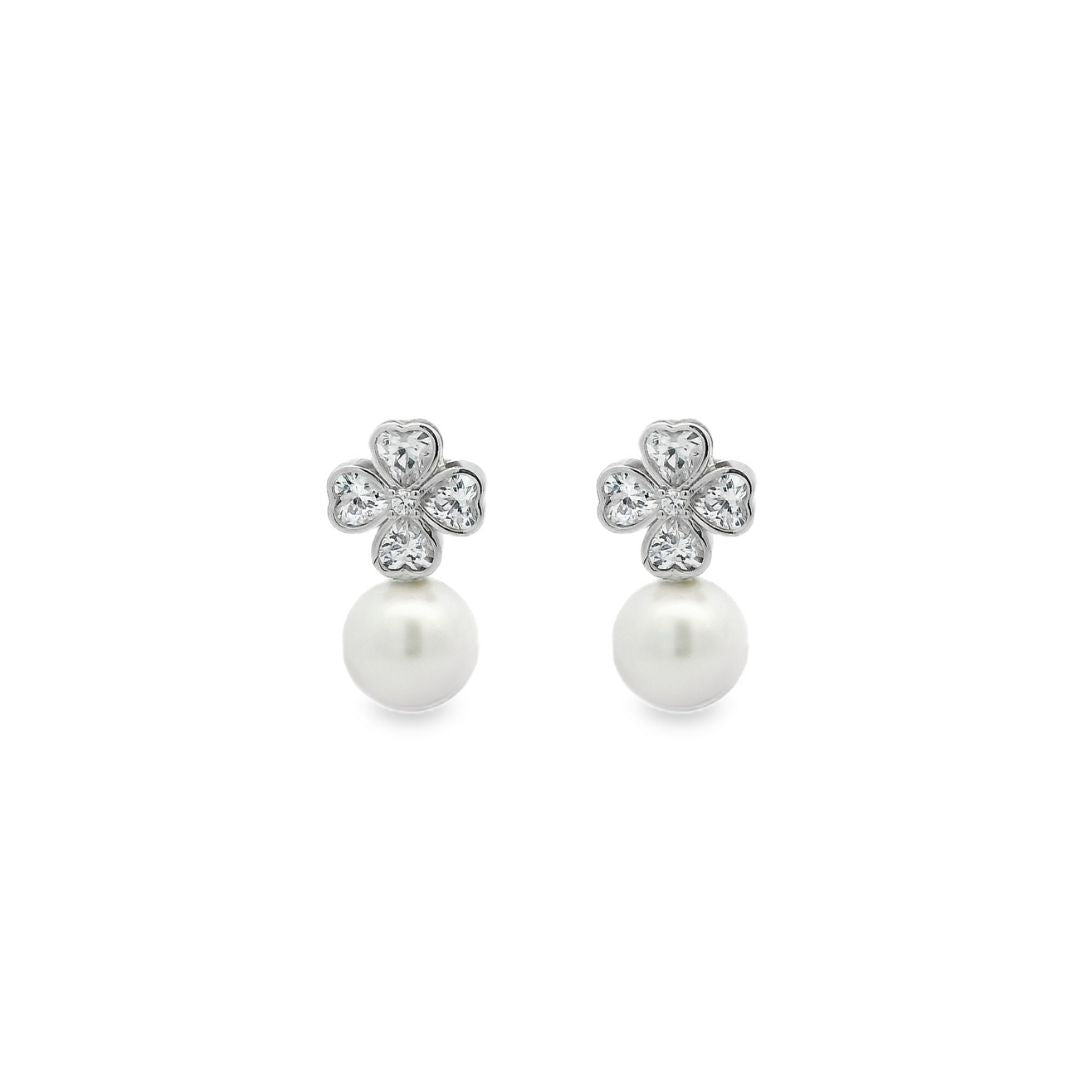 Silver Dazzle Clover Pearl Drop Earrings