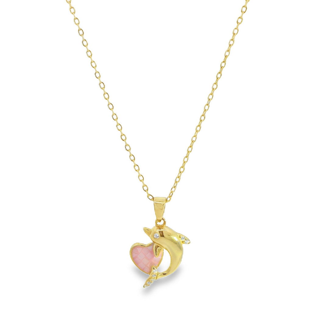 Dolphin & Pink Quartz Heart 18K Gold Plated Necklace