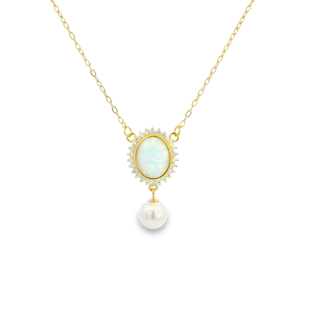Opal Medallion Pearl Drop Gold Plated Necklace