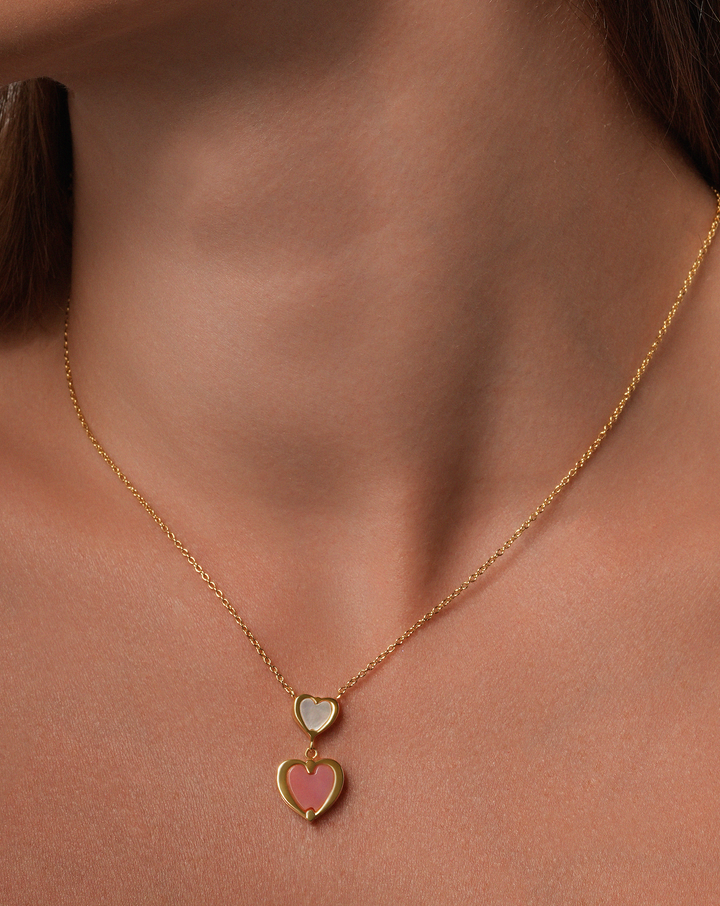 Coral Gemstone Heart & Mother Pearl 18k Gold Plated Necklace