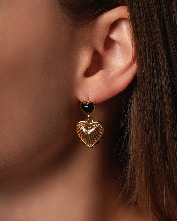 Royal Heart & Onyx Heart 18k Gold Plated Earrings