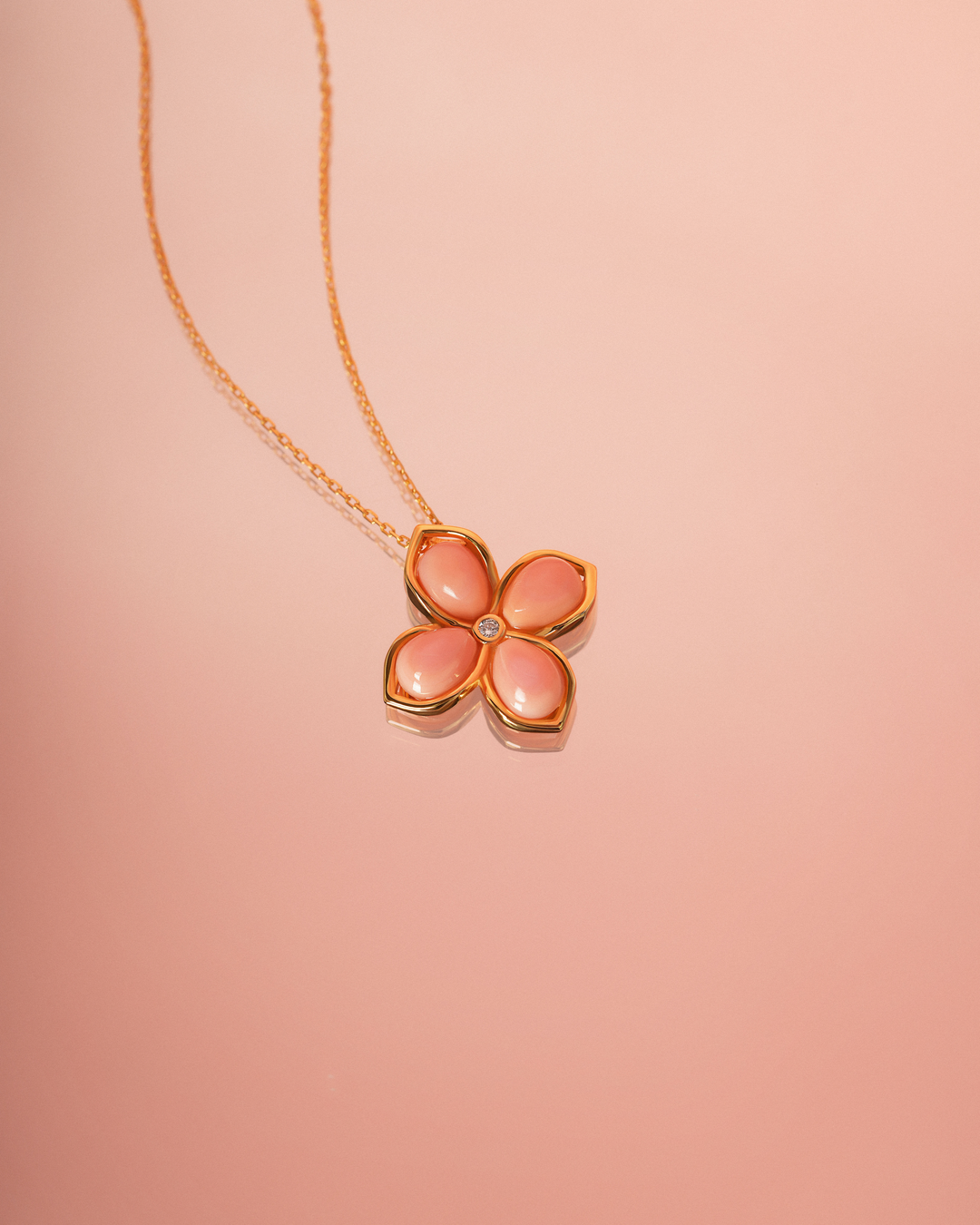 Coral Gemstone Clover 18K Gold Plated Necklace