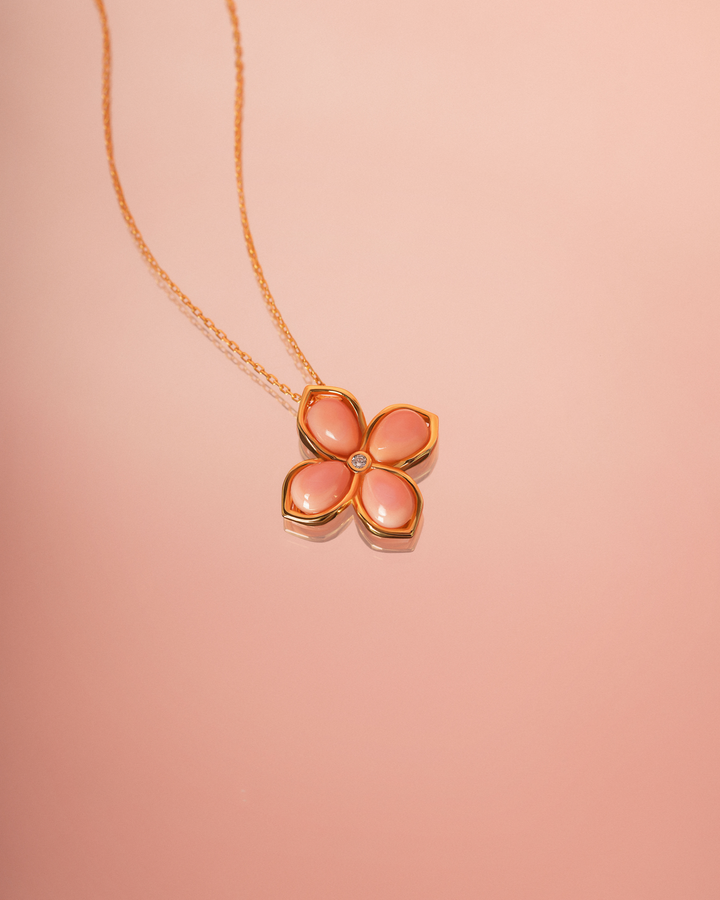 Coral Gemstone Clover 18K Gold Plated Necklace