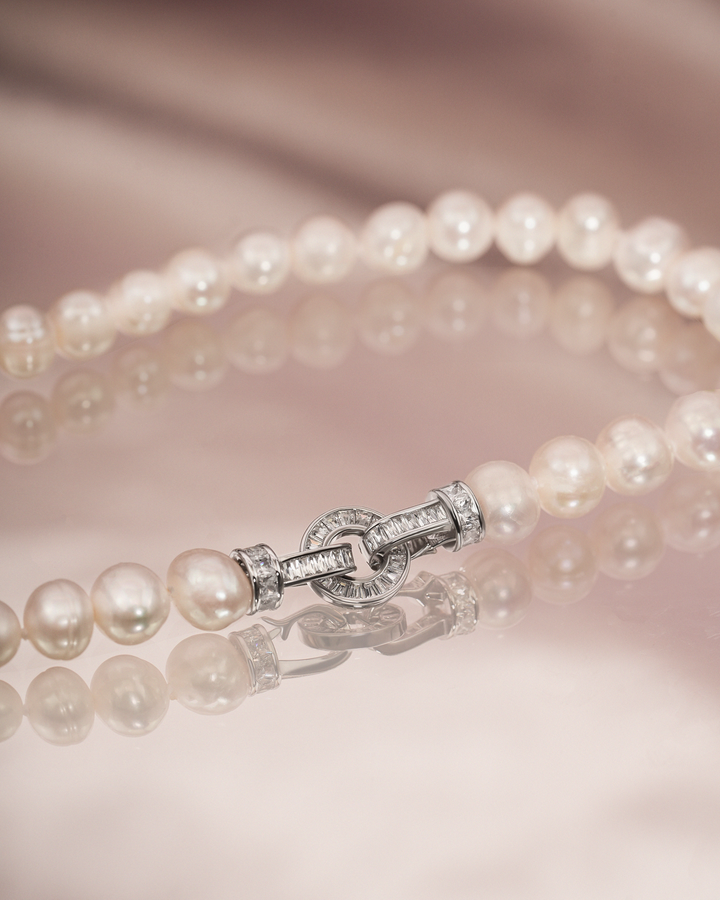 Classy Sphere Baguette Charm Pearl Necklace
