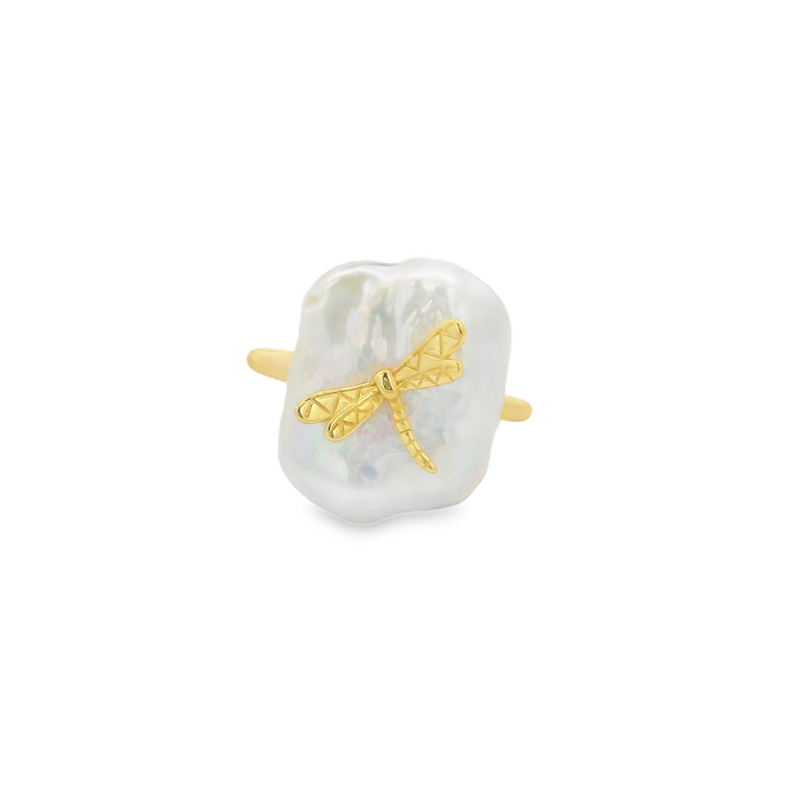 Dragonfly Mother Pearl 18K Gold Plated Ring