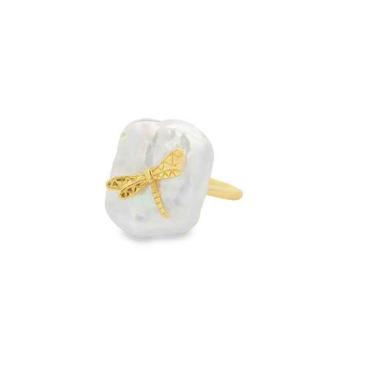 Dragonfly Mother Pearl 18K Gold Plated Ring