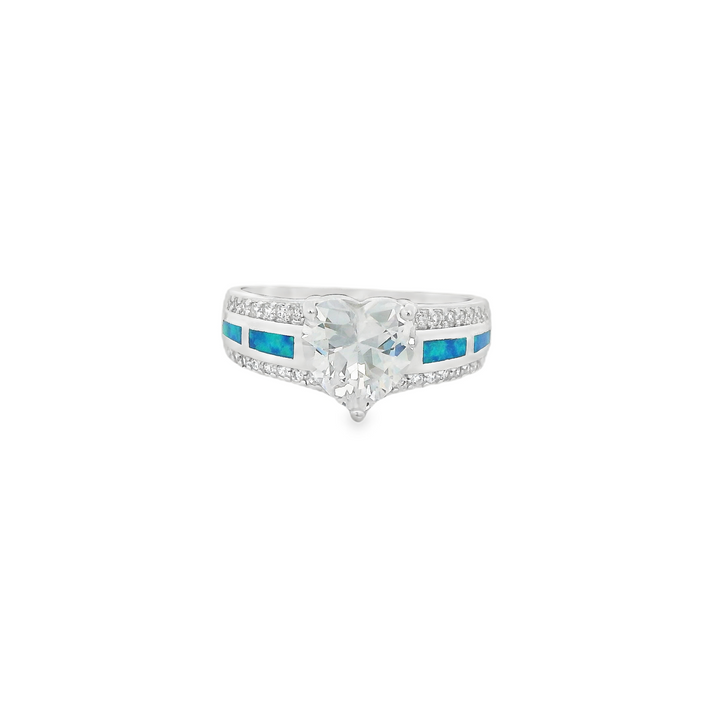 Blue Opal White Zirconia Heart Thick Ring