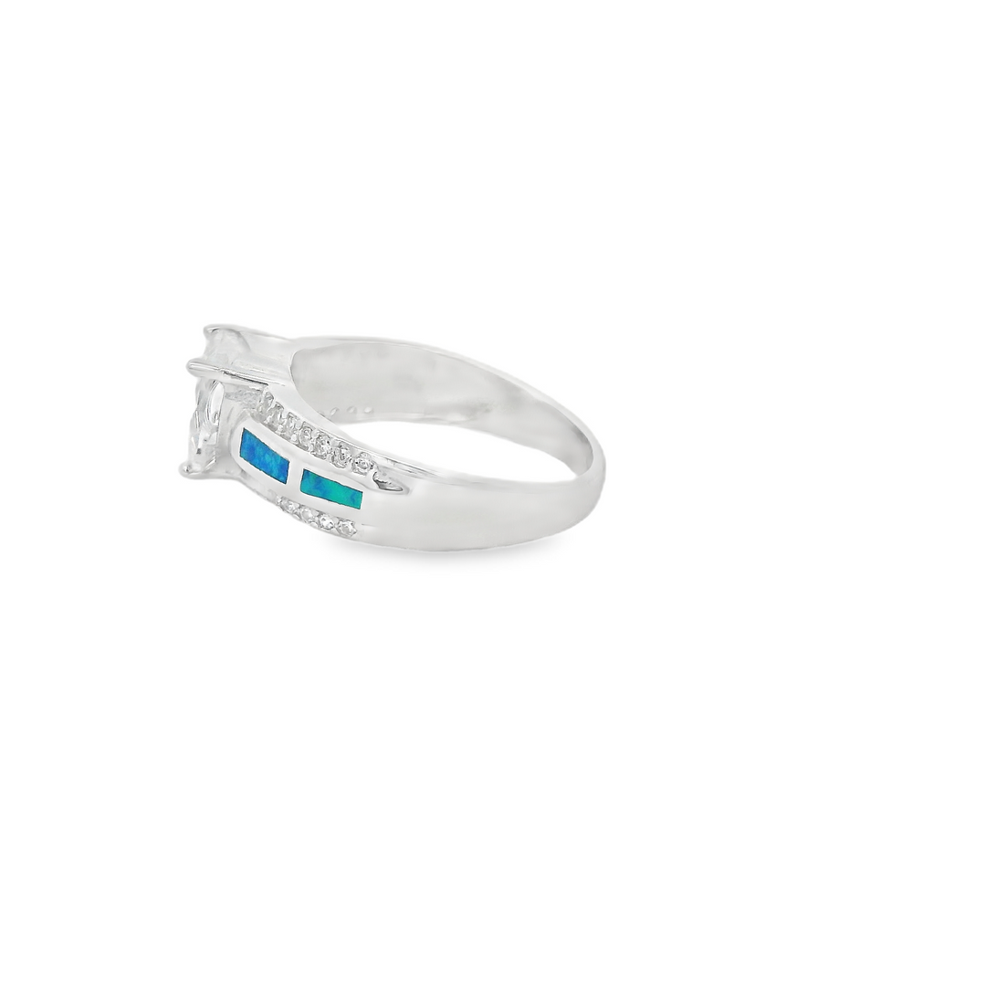 Blue Opal White Zirconia Heart Thick Ring