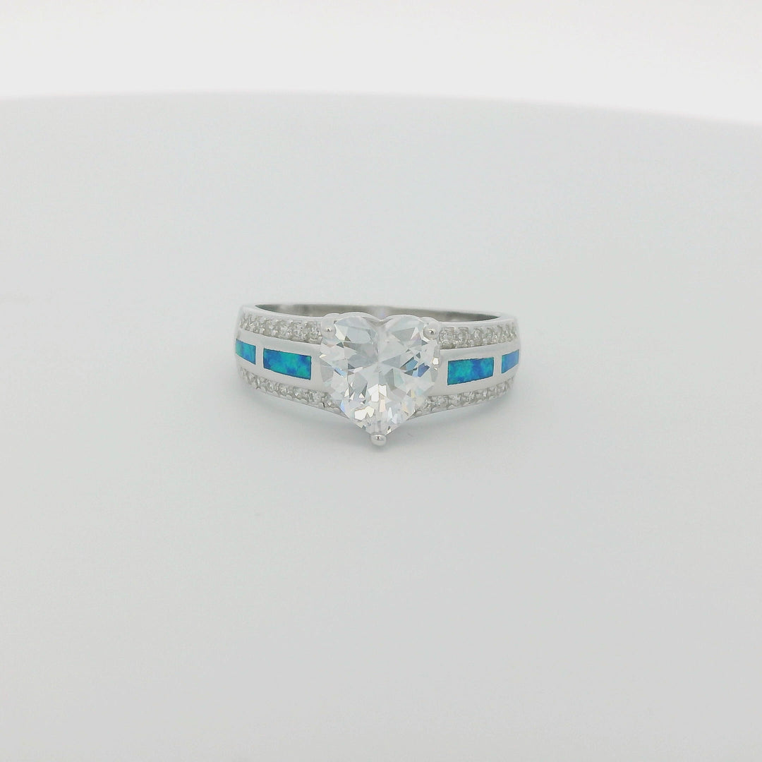 Blue Opal White Zirconia Heart Thick Ring