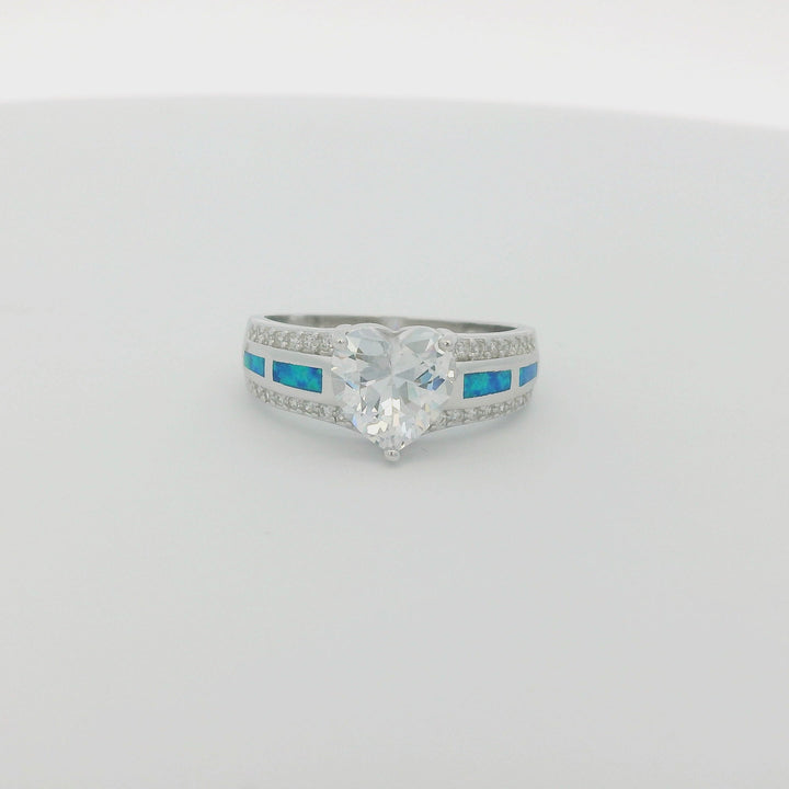 Blue Opal White Zirconia Heart Thick Ring