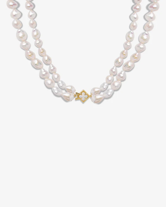 18K Gold Plated Lucky Clover Double Pearl Necklace
