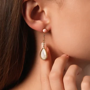 Mother Pearl & Coral Gemstone Stud Dangle Earrings