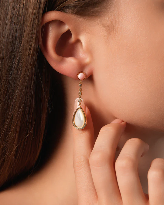 Mother Pearl & Coral Gemstone Stud Dangle Earrings