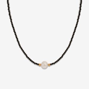 Black Beads & Pearl Charm Necklace