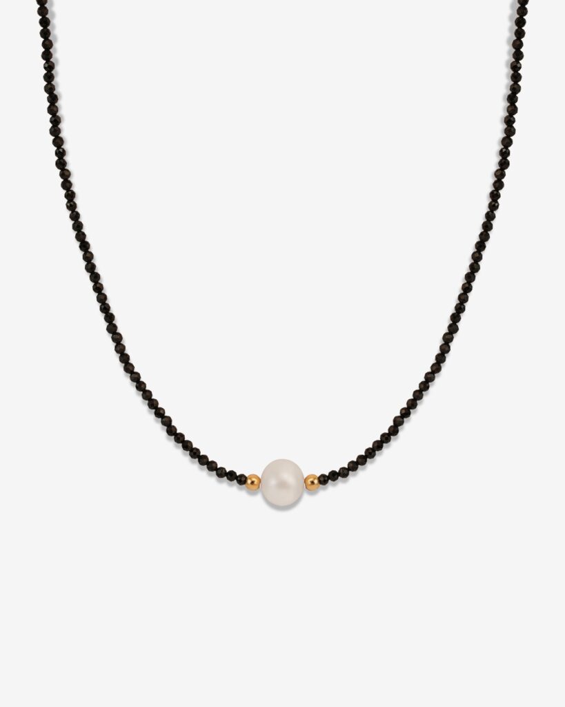 Black Beads & Pearl Charm Necklace