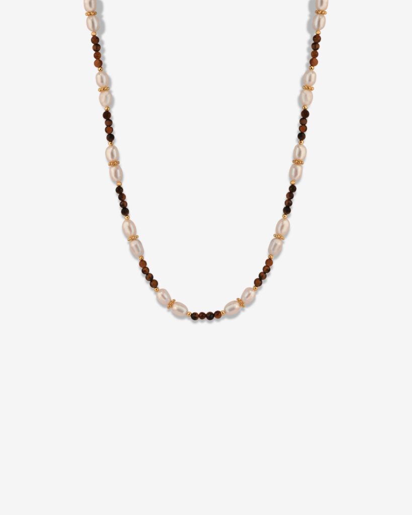 Safari Tiger Eye Beads & Pearl 18k Gold Plated Necklace