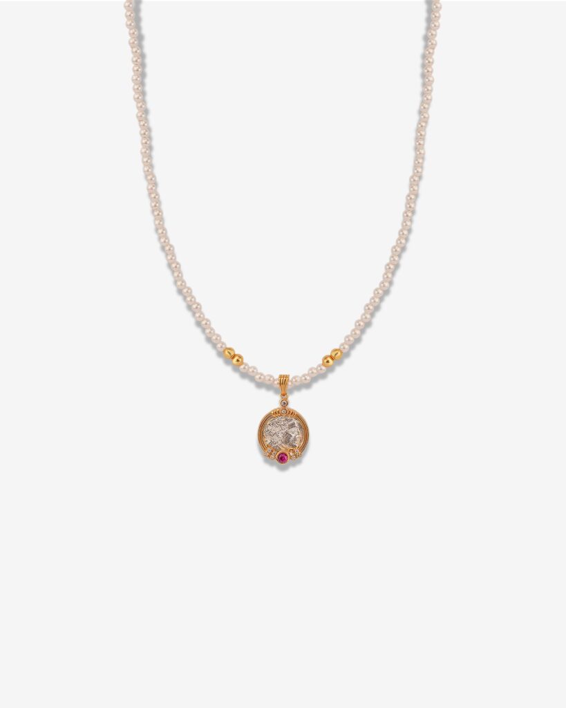 Ancient Coin Medallion & White Pearl 18K Gold Plated Necklace
