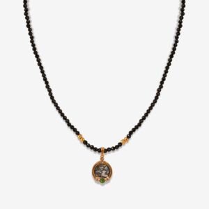 Ancient Coin Medallion & Black Beads 18K Gold Plated Necklace