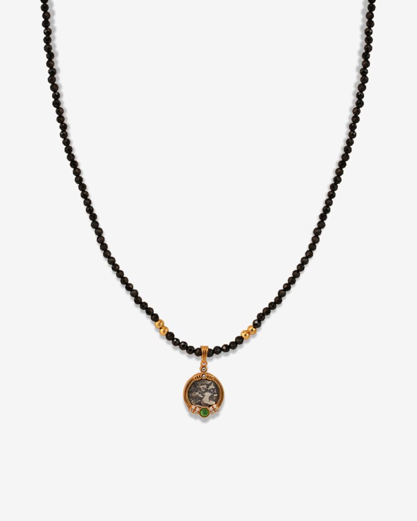 Ancient Coin Medallion & Black Beads 18K Gold Plated Necklace