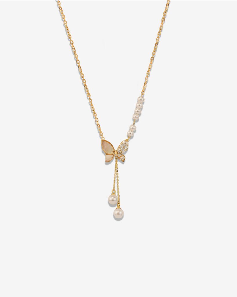 Crystal Double Hanging Pearl Butterfly 18k Gold Plated Necklace