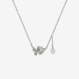 Double Dazzle Flower & Hanging Pearl Charm Necklace