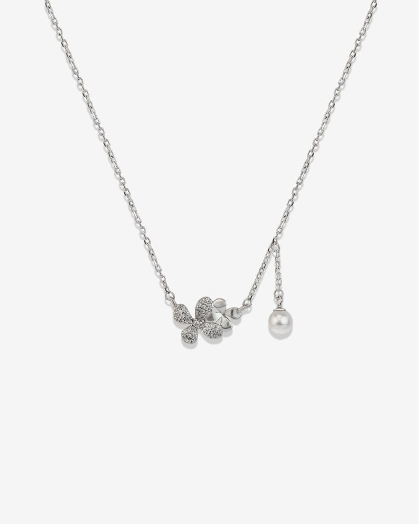 Double Dazzle Flower & Hanging Pearl Charm Necklace