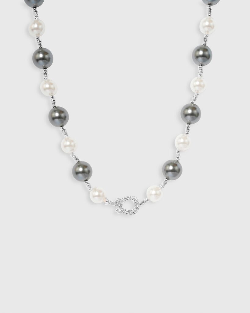 Dark Grey & White Gray Pearl Hung Necklace