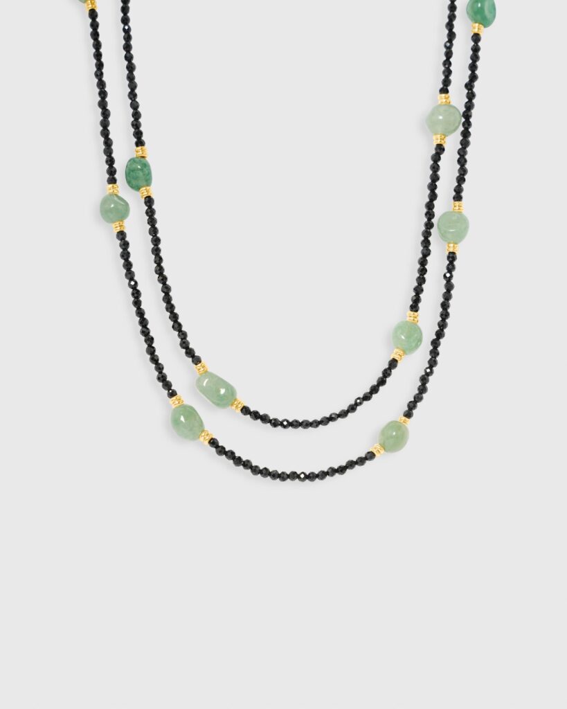 Black Beads & Jade Gem Double Necklace