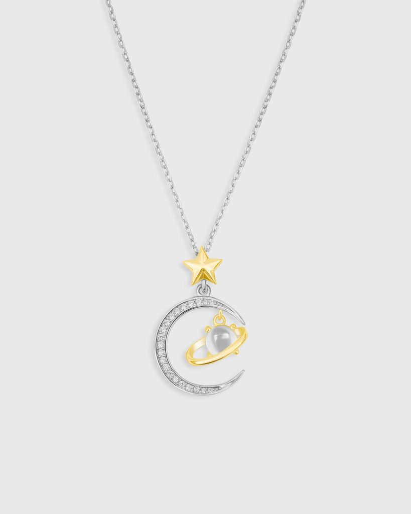 Star Moon & Saturn Gold Plated & Silver Necklace