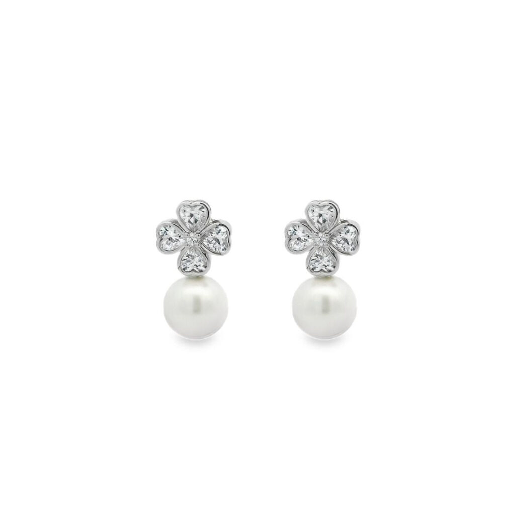 Silver Dazzle Clover Pearl Drop Earrings