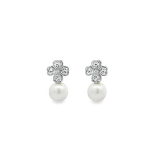 Silver Dazzle Clover Pearl Drop Earrings