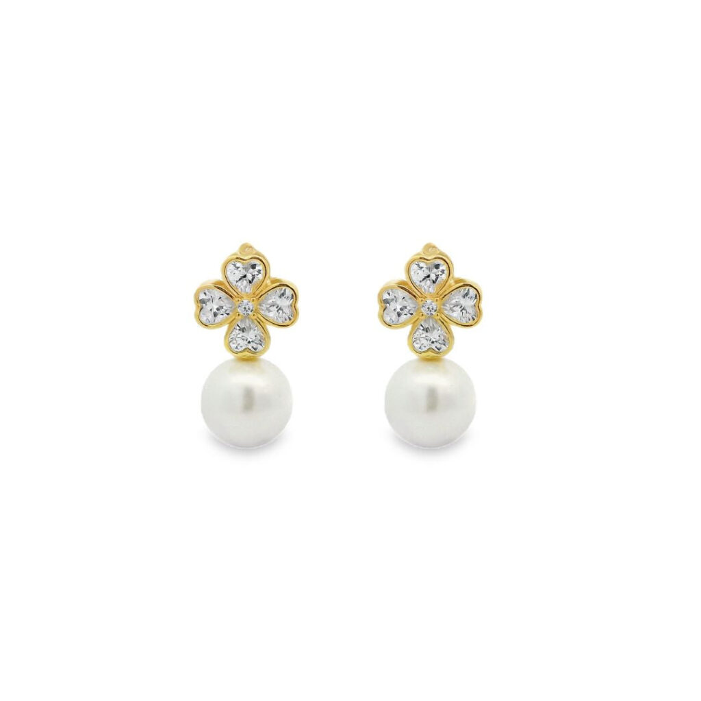 Golden Dazzle Clover Pearl Drop Earrings