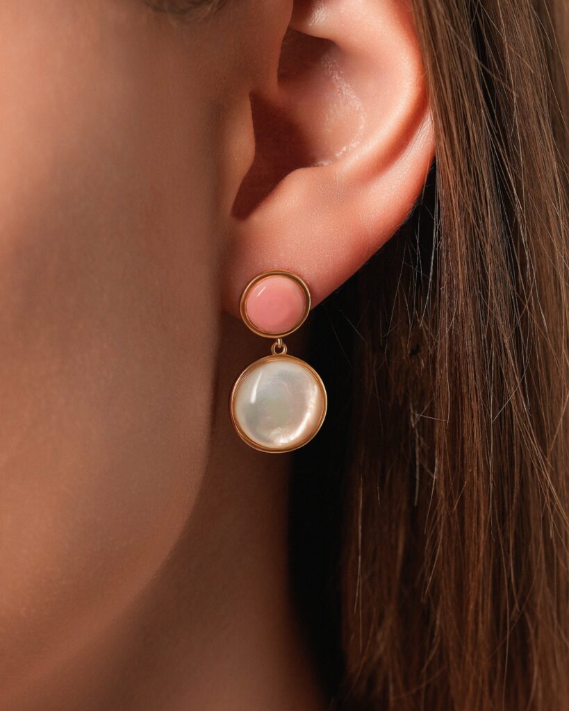 Coral Gemstone & Mother Pearl Sphere Earrings
