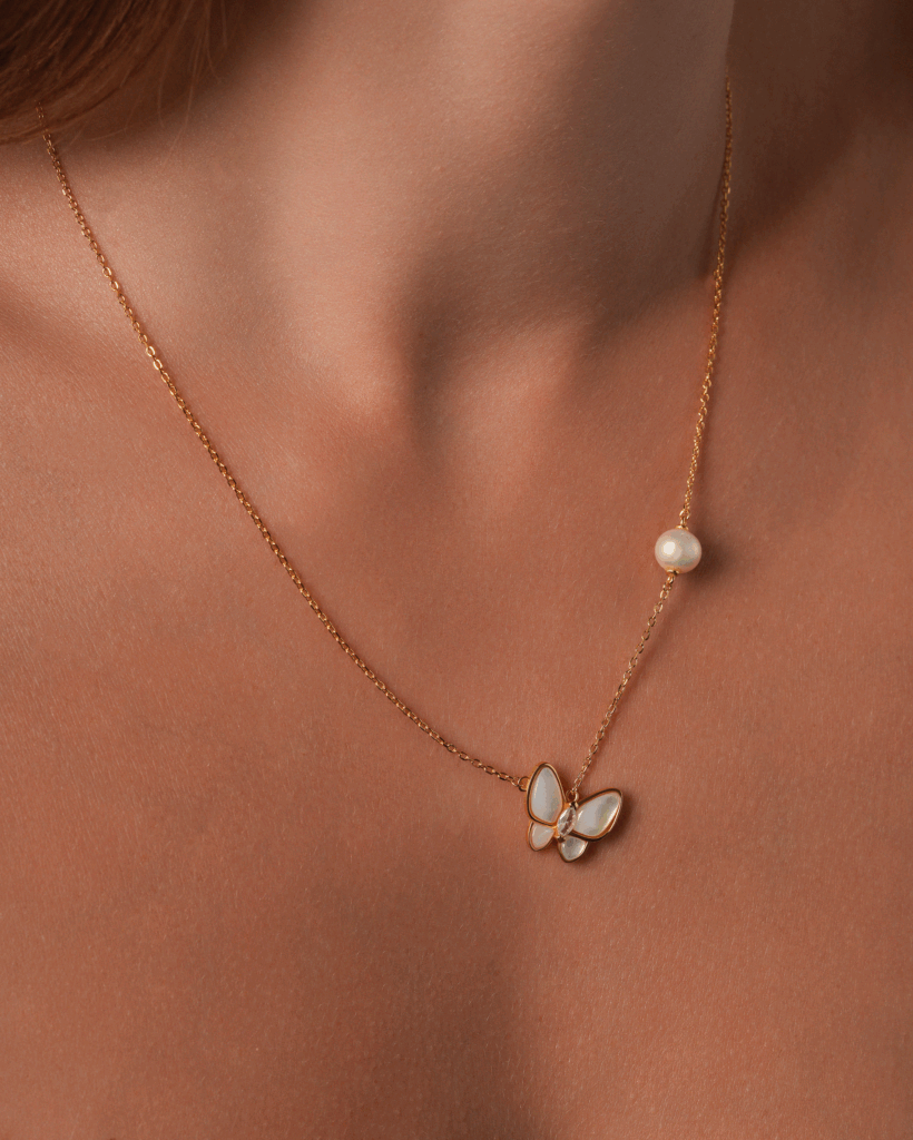 Mother Pearl Buttery Fly & Pearl Necklace