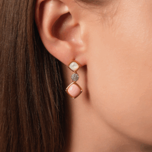 Rhombus Mother Pearl & Coral Gem Dazzle 18K Gold Plated Earrings