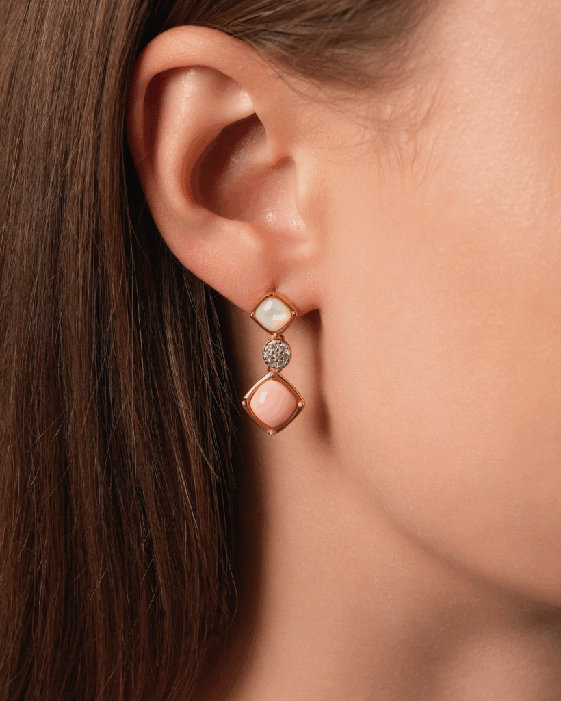 Rhombus Mother Pearl & Coral Gem Dazzle 18K Gold Plated Earrings