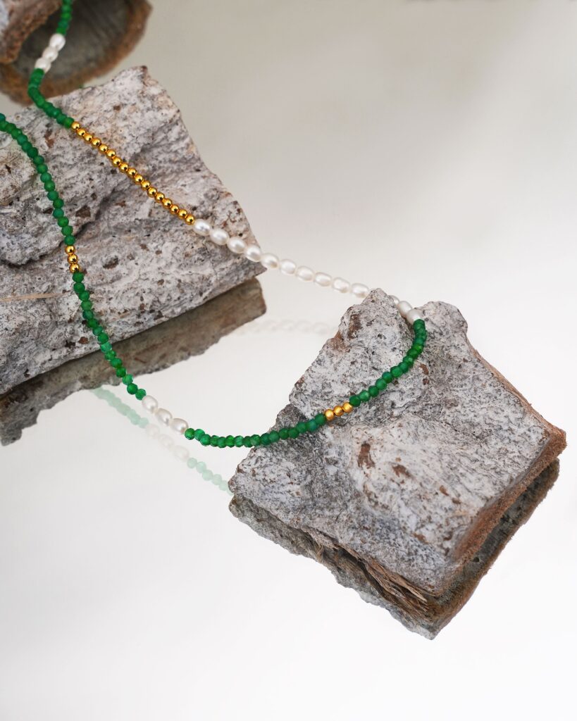 Green Beads & Pearls 18K Gold Plated Bead Necklace