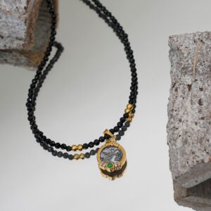 Black Beads Medallion Coin 18K Gold Plated Necklace