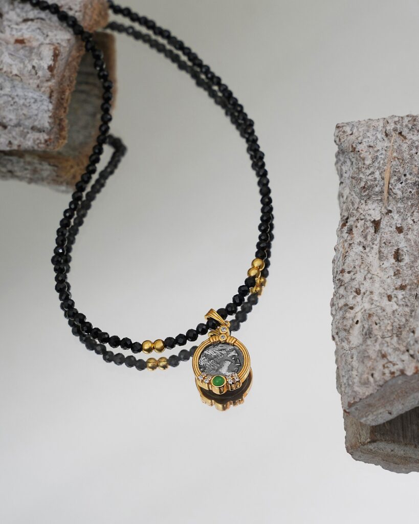 Black Beads Medallion Coin 18K Gold Plated Necklace