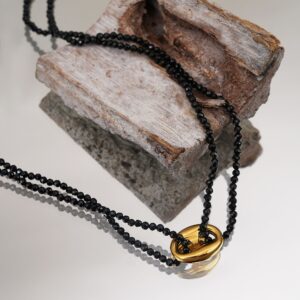 Black Beads 18k Gold Plated Linked Necklace