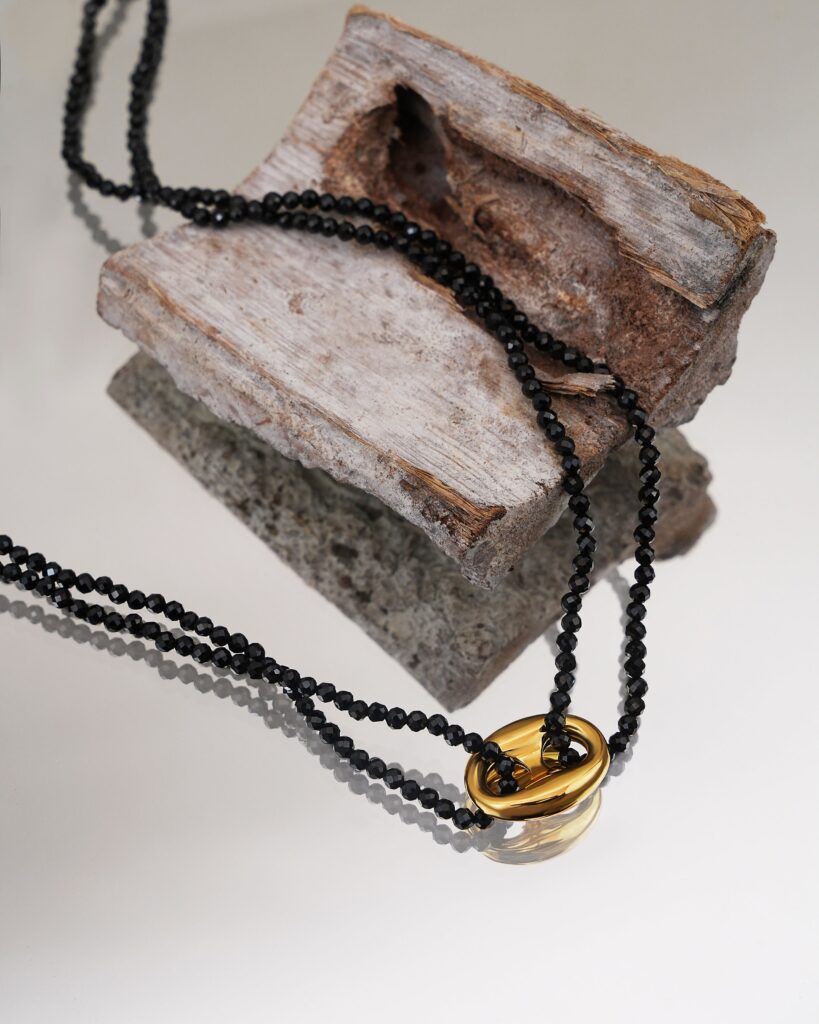 Black Beads 18k Gold Plated Linked Necklace