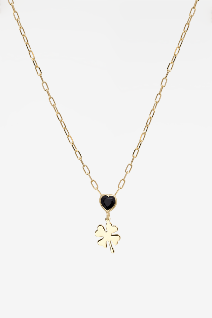 Black Heart Gem & Lucky Clover Shackles 18k Gold Plated Necklace