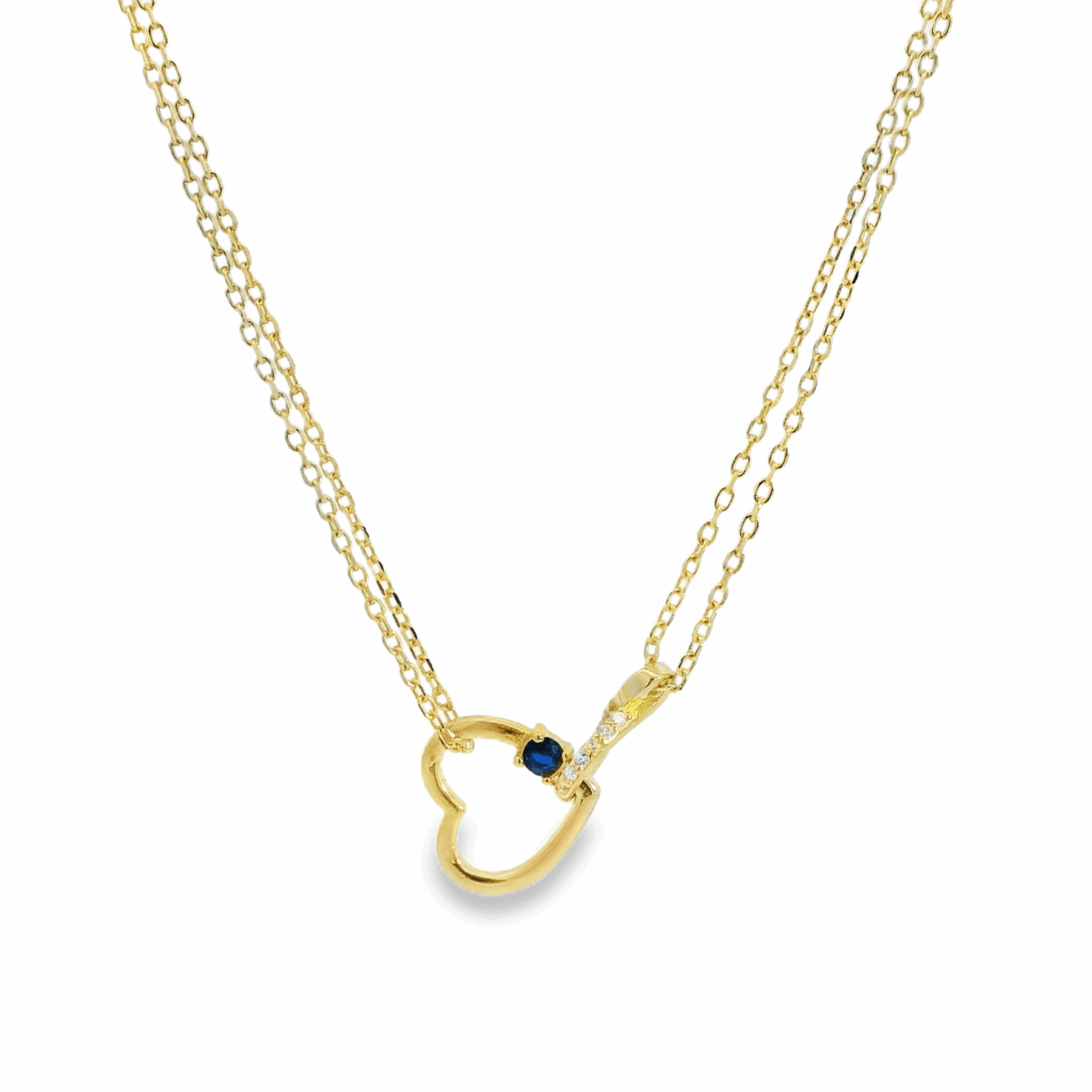 Double Necklace Blue Gem Hanged Heart 18K Gold Plated Necklace