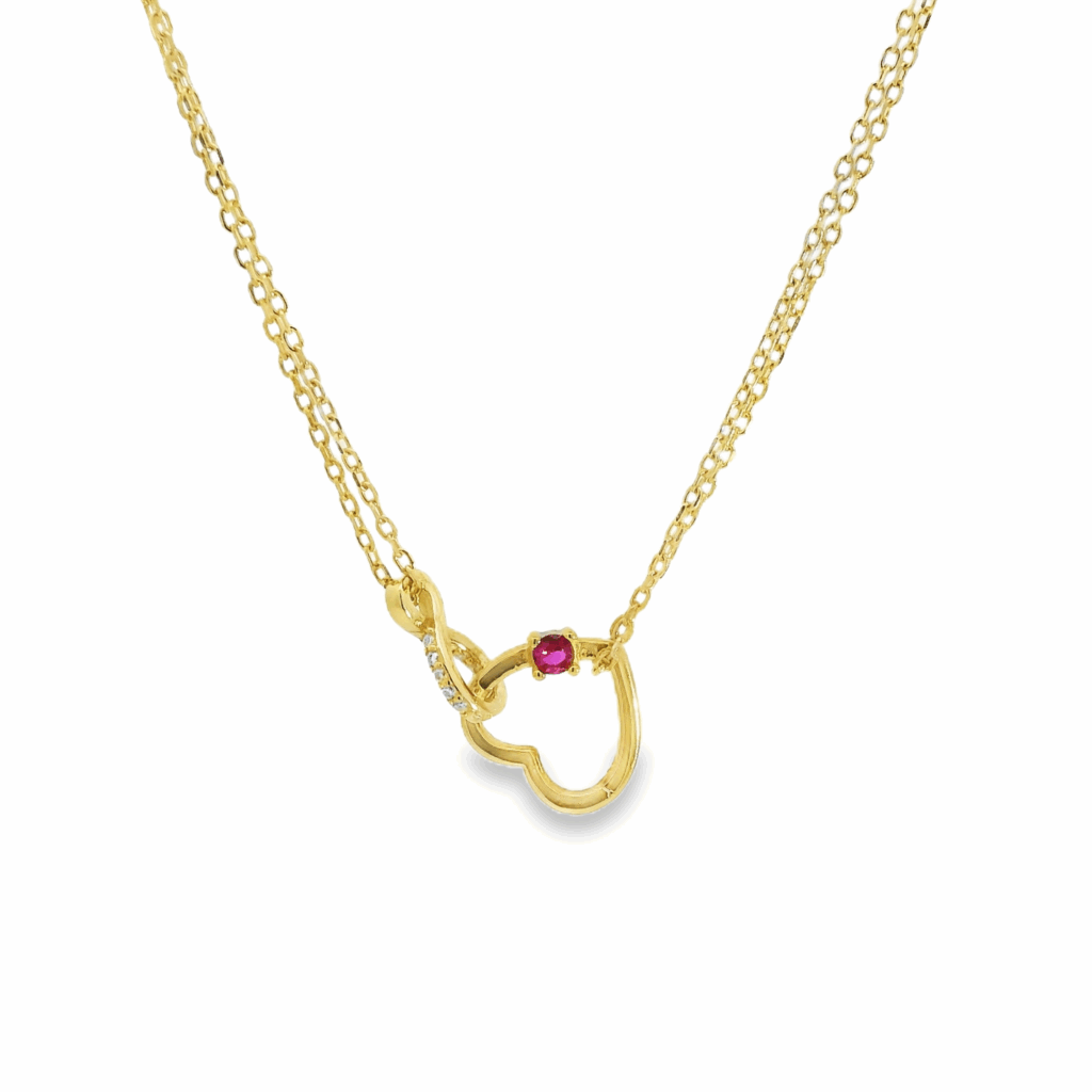 Double Necklace Red Gem Hanged Heart 18K Gold Plated Necklace