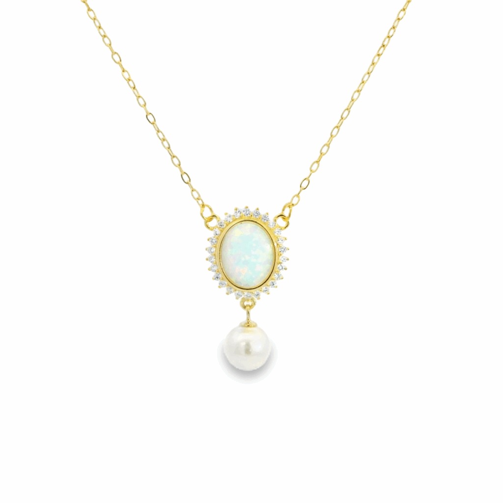 Opal Medallion Pearl Drop Gold Plated Necklace