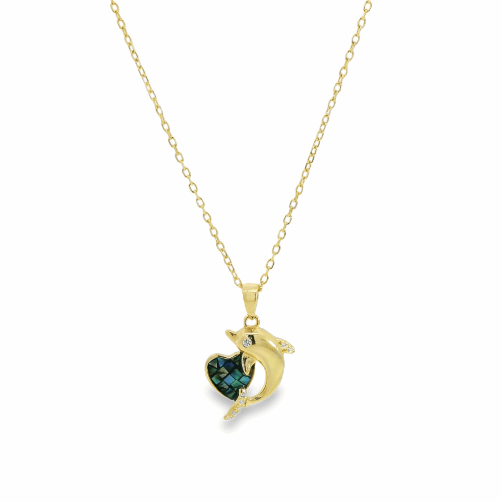 Dolphin & Aqua Heart 18K Gold Plated Necklace