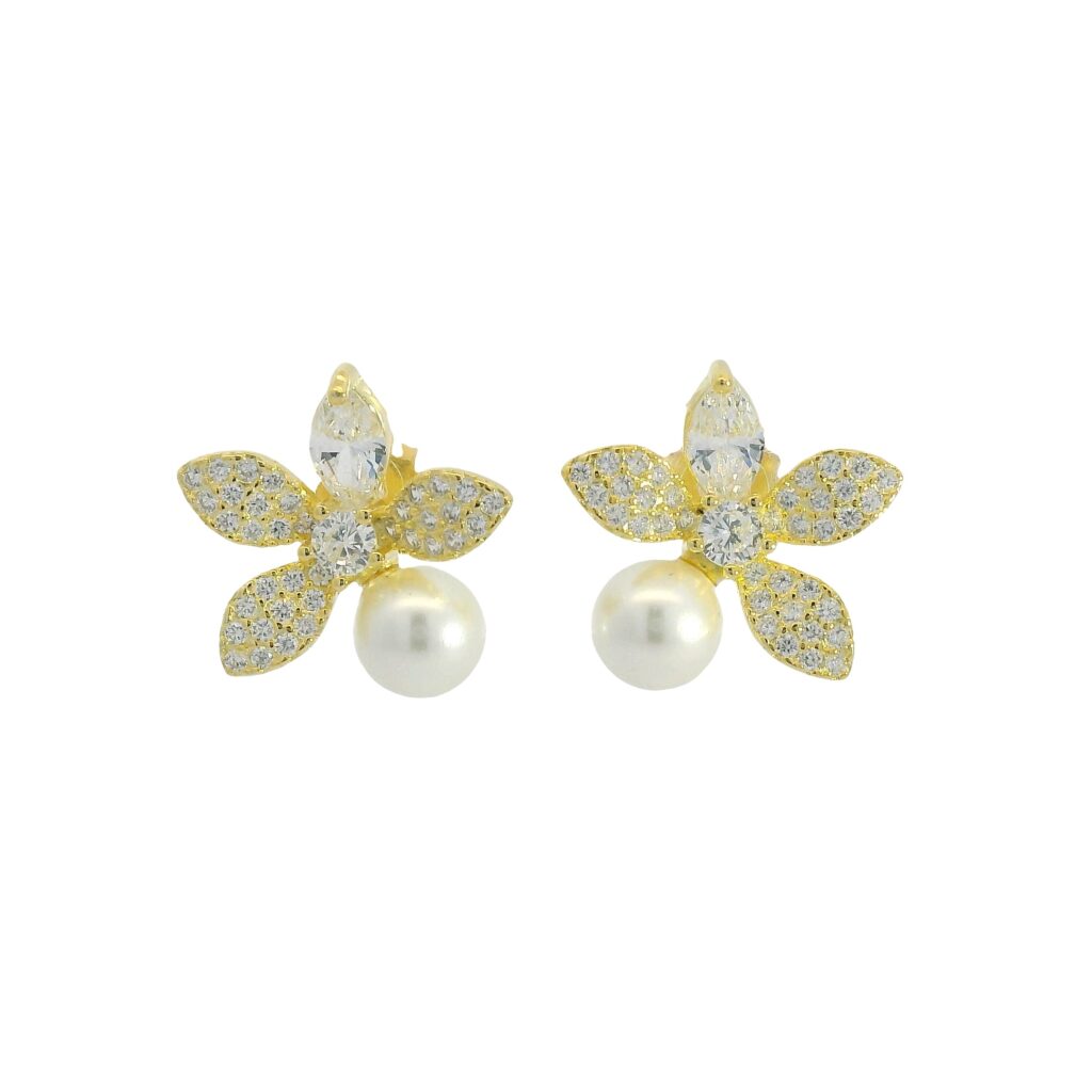 Yellow Gold Plated 18K Floral Stud Earrings with Round Pearls