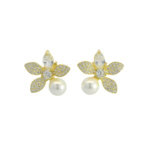 Yellow Gold Plated 18K Floral Stud Earrings with Round Pearls