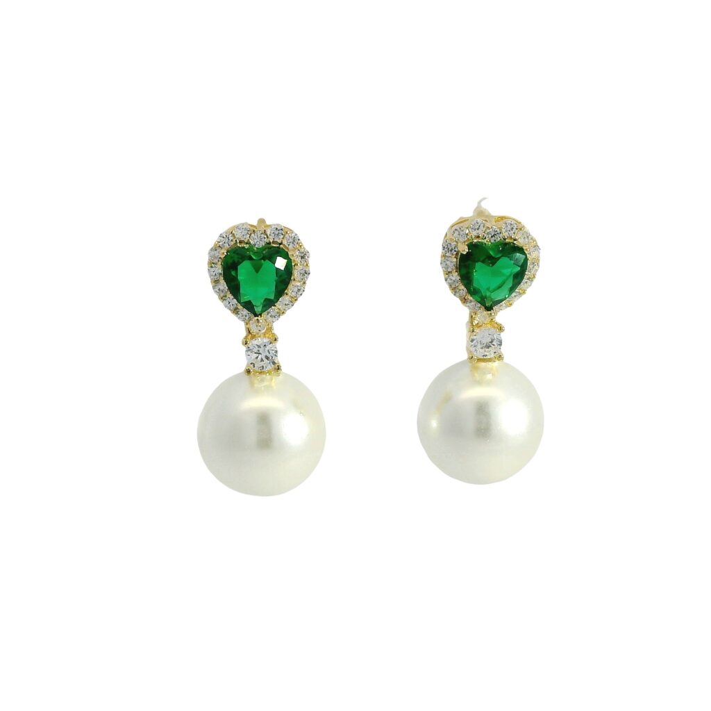 Green Heart Drop Earrings with Round Pearl