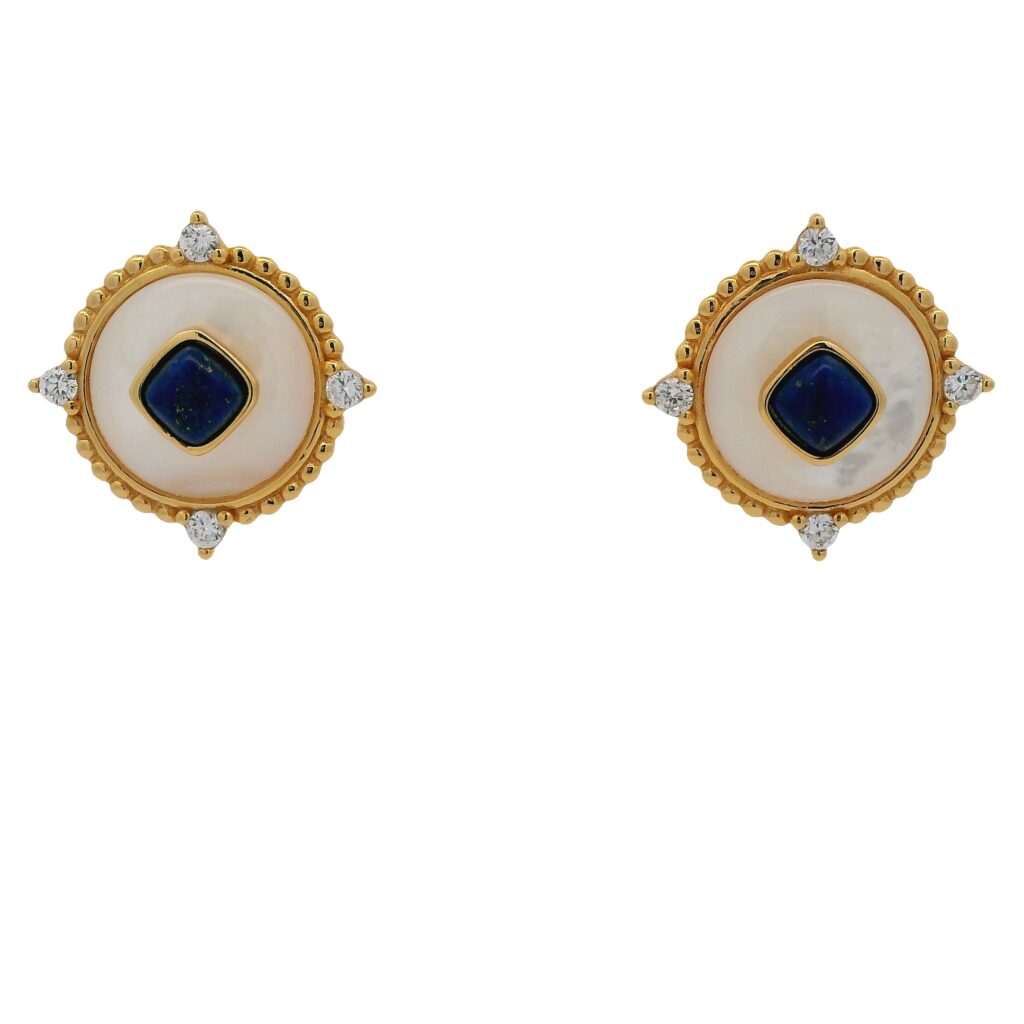 Yellow Gold Stud Earrings with Square Lapis Lazuli Cabochons